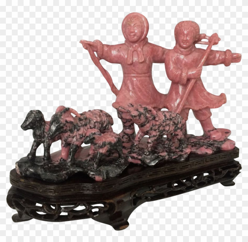 Large Rhodonite Carving Sculpture Of Herders And Sheep - Figurine #1234294