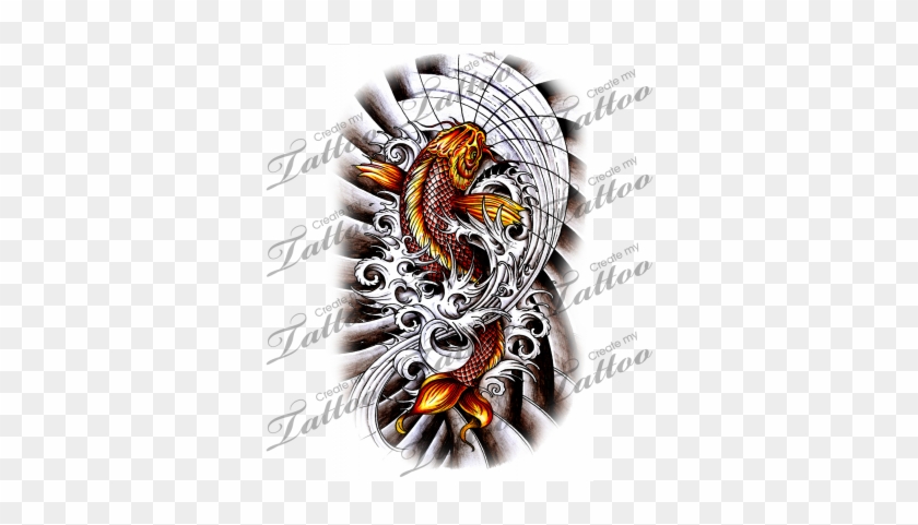 Koi Fish With Dark Waves Tattoo Design - Tattoo Designs Coy Fish #1238484