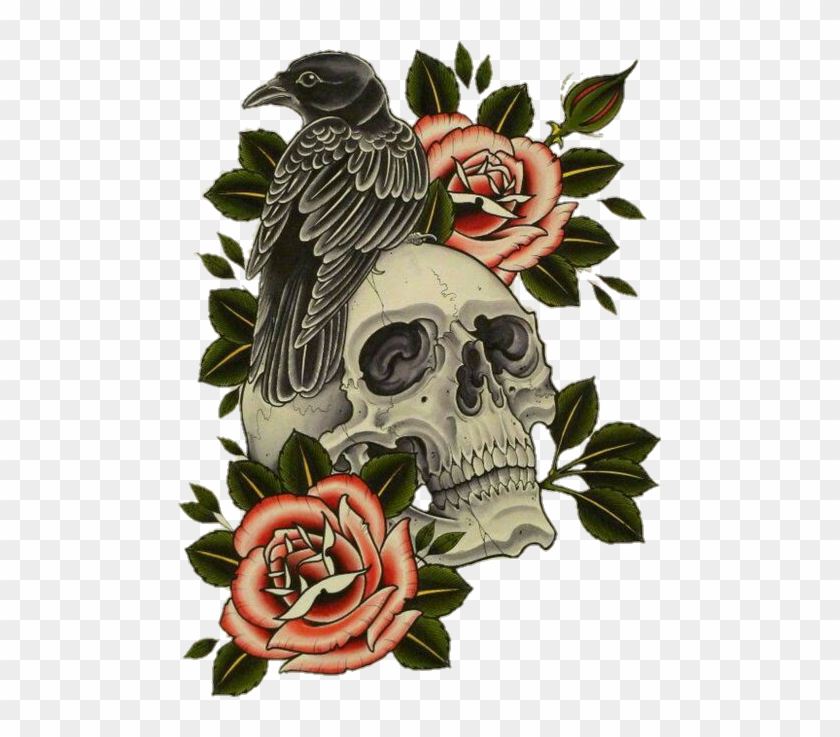 Skull Flower Crow Raven Rose Halloween - Raven And Skull Tattoo #1238728