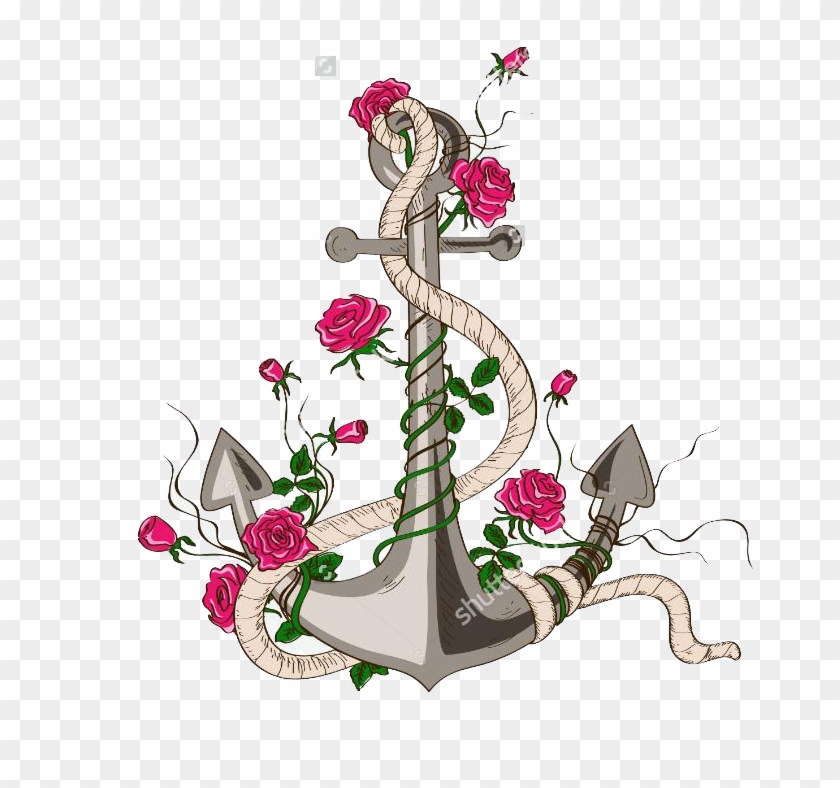 Rose Anchor Drawing Illustration - Ambesonne Anchor N' Roses Print Shower Curtain #1241909