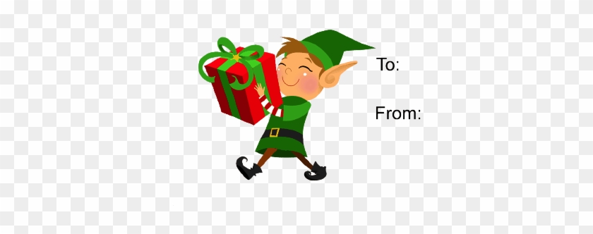 This Gift Tag Features A Grinning Elf Carrying A Large - Elf Clipart #1247063