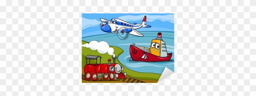 Plane Ship Train Cartoon Illustration Sticker • Pixers® - Planes, Trains, & Boats Coloring Book #1255113