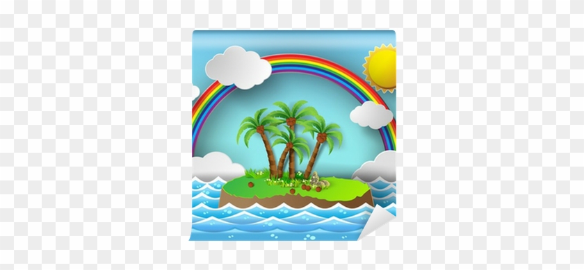 Tropical Palm On Island With Sea And Rainbow - Vector Graphics #1258989