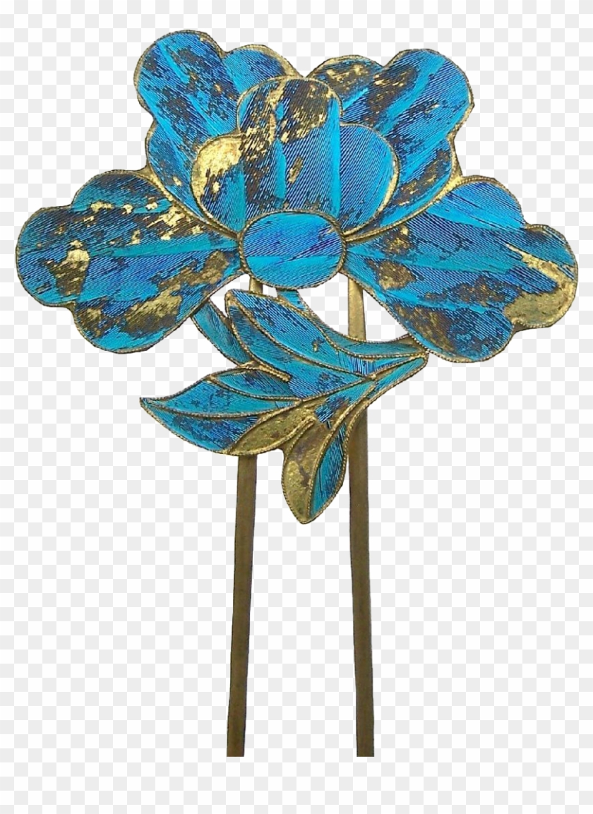 Chinese Kingfisher Feather Hair Pin With Lotus Flower - Chinese Kingfisher Hair Ornaments #1263854