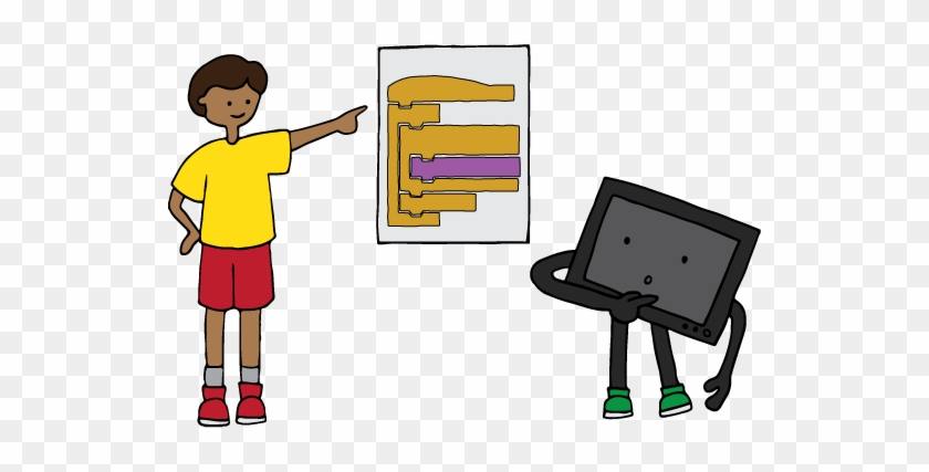 Cartoon Kid Showing Scratch Program To Computer - Computer #1263969