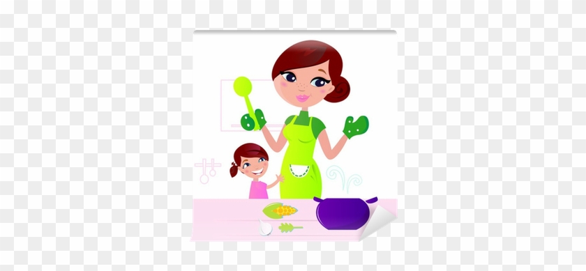 Mother Cooking Healthy Food With Child In Kitchen - Indian Child Cooking Clipart #203515