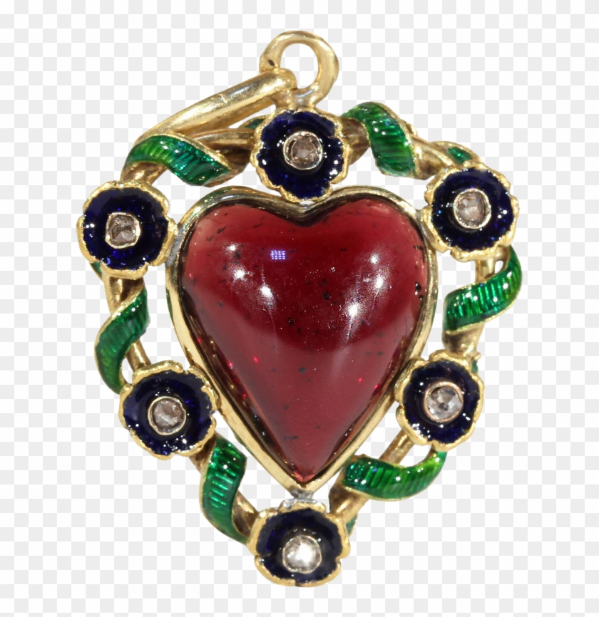 Antique Heart Shaped Garnet Pendant With Enamel And - Jewellery #1279359