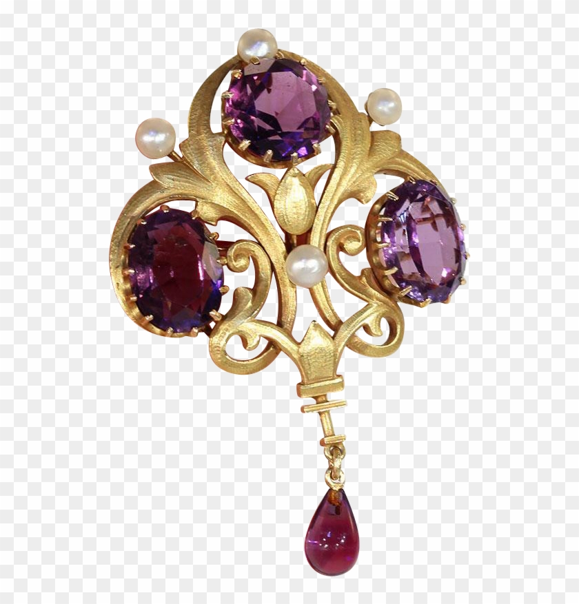 Antique Art Nouveau Brooch/ Pendant In 18k Yellow Gold - Amethyst #1279450