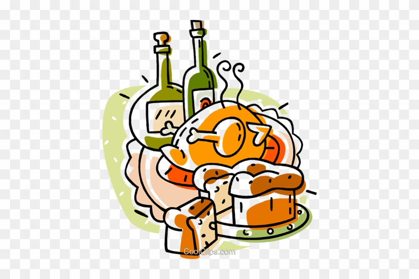 Roast Turkey With Bottles Of Wine Royalty Free Vector - Dinner Clipart #1283213