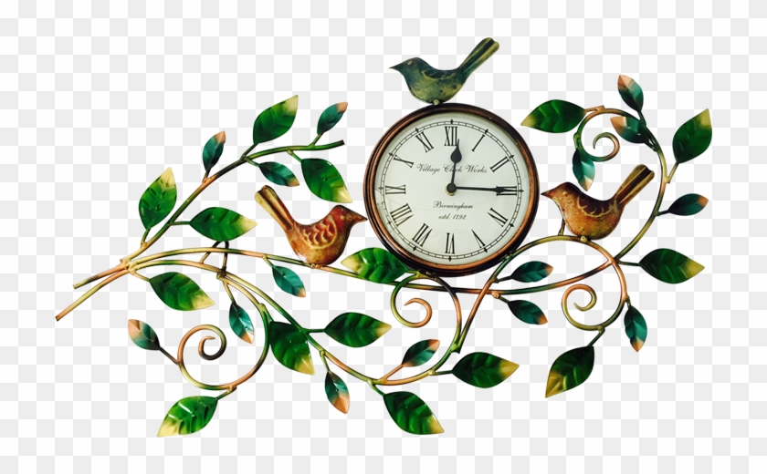 Leaf And Birds Wall Clock Nature Inspired Metal Leaf - Bird Theme Clock #1283265