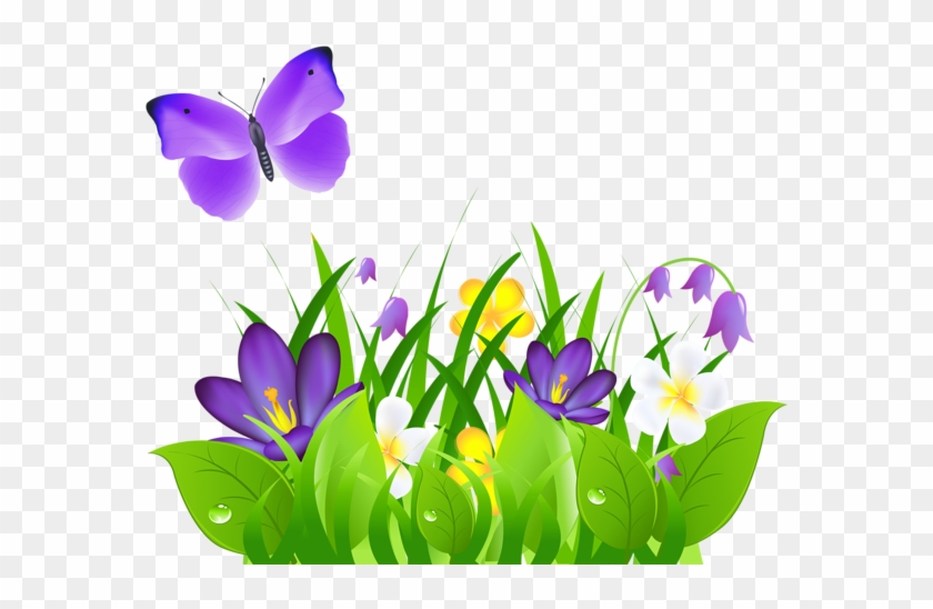 Purple Flowers Grass And Butterfly Png Clipart Picture - Butterfly And Flowers Clipart #1283818