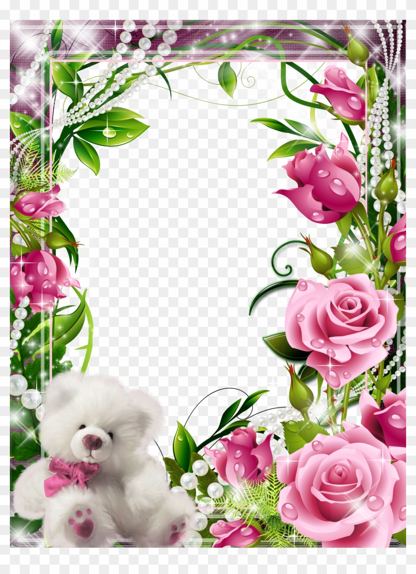 Transparent Frame With Pink Roses And White Teddy - Teddy Frame #1287721