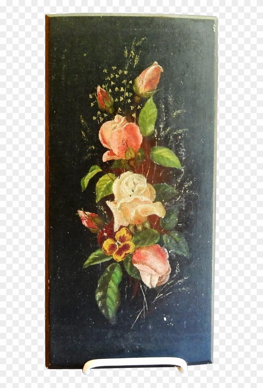 Victorian Era Primitive Floral Oil Painting On Wood - Oil Painting #1288274