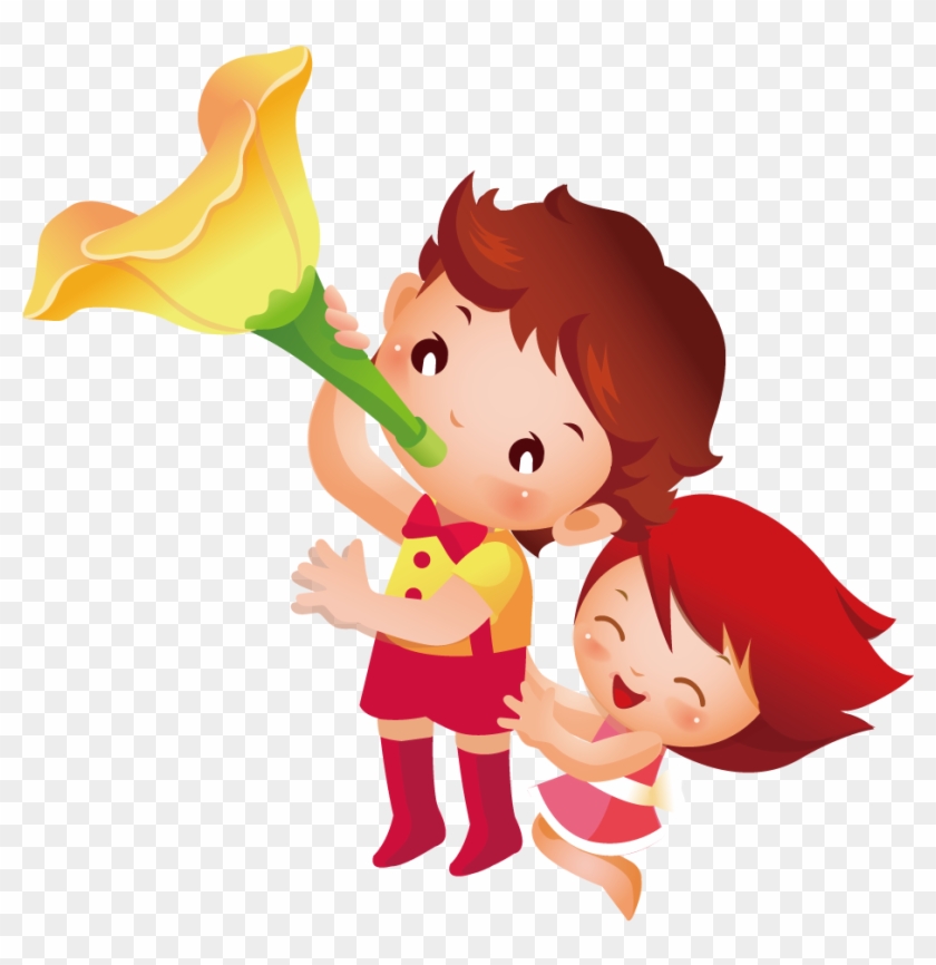 Children Blowing Trumpet Flowers 1000*1000 Transprent - Cartoon #1290092
