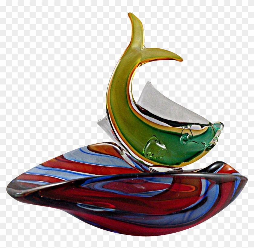 Colorful Murano Fish Bowl With Red And Blue Stripes - Baidarka #1291983