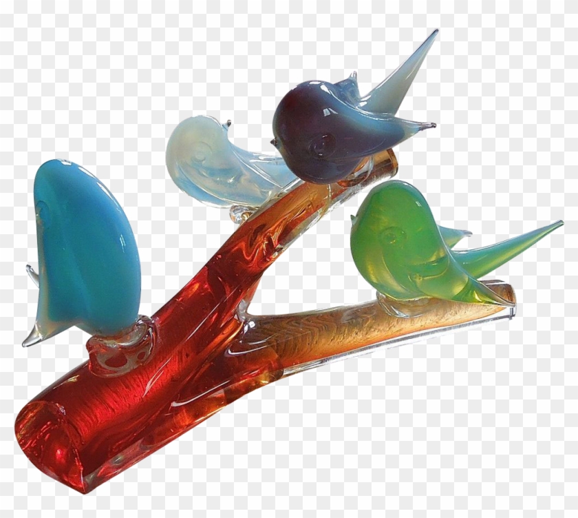 Mid Century Murano Opaline Glass Birds On Branch Sculpture - Budgie #1292018