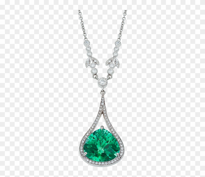 Gold Tear Drop Necklace With Trillion Shape Green Tourmaline - Green Diamond Necklace Png #1294971