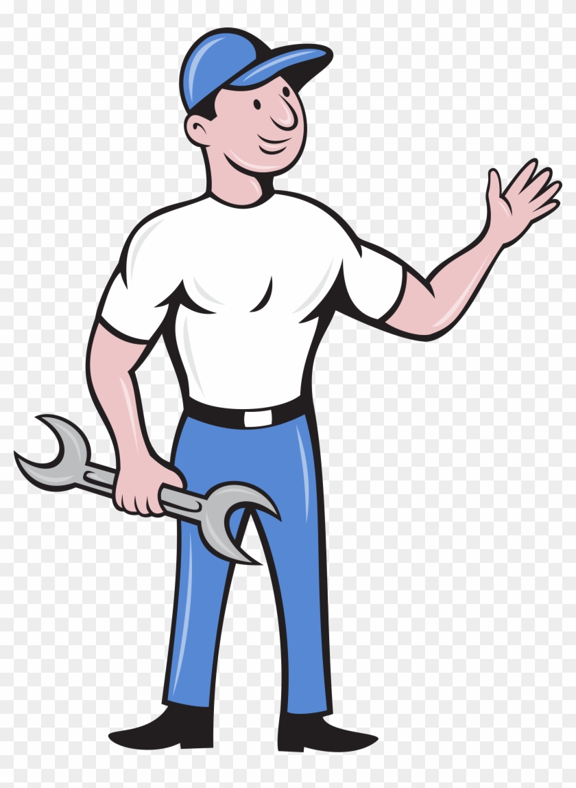 Mechanic Hold Spanner Waving Hand Cartoon Card #1297051