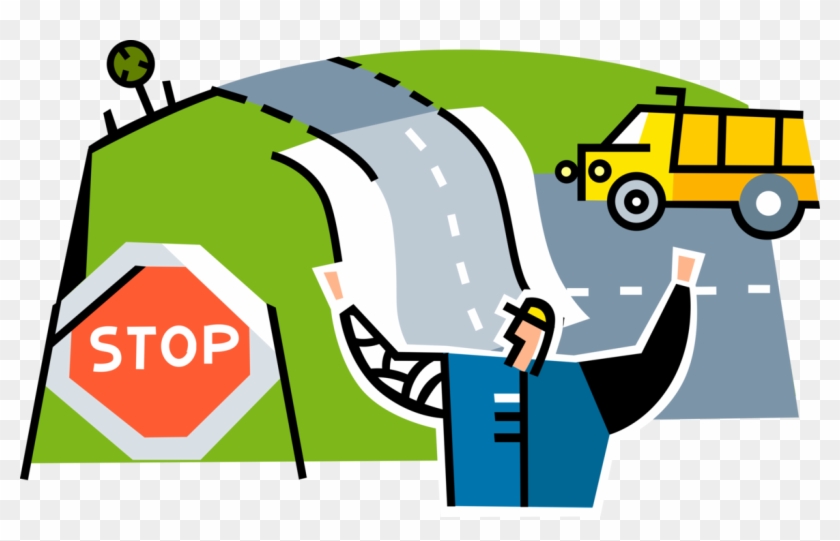 Vector Illustration Of Road Construction Worker Directs - Traffic Sign #1299036