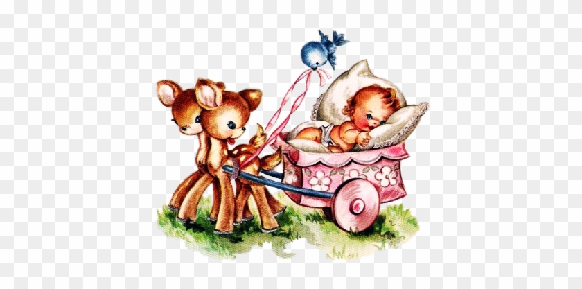 Baby Being Pulled In Carriage By Deer 430×350 Pixels - Vintage Baby Card #1299957