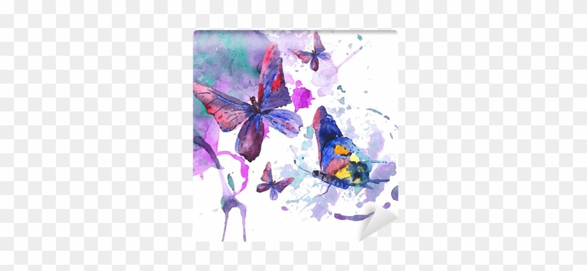 Abstract Watercolor Background With Butterflies Wall - Prestigeartstudios Butterflies Painting Print #1300191