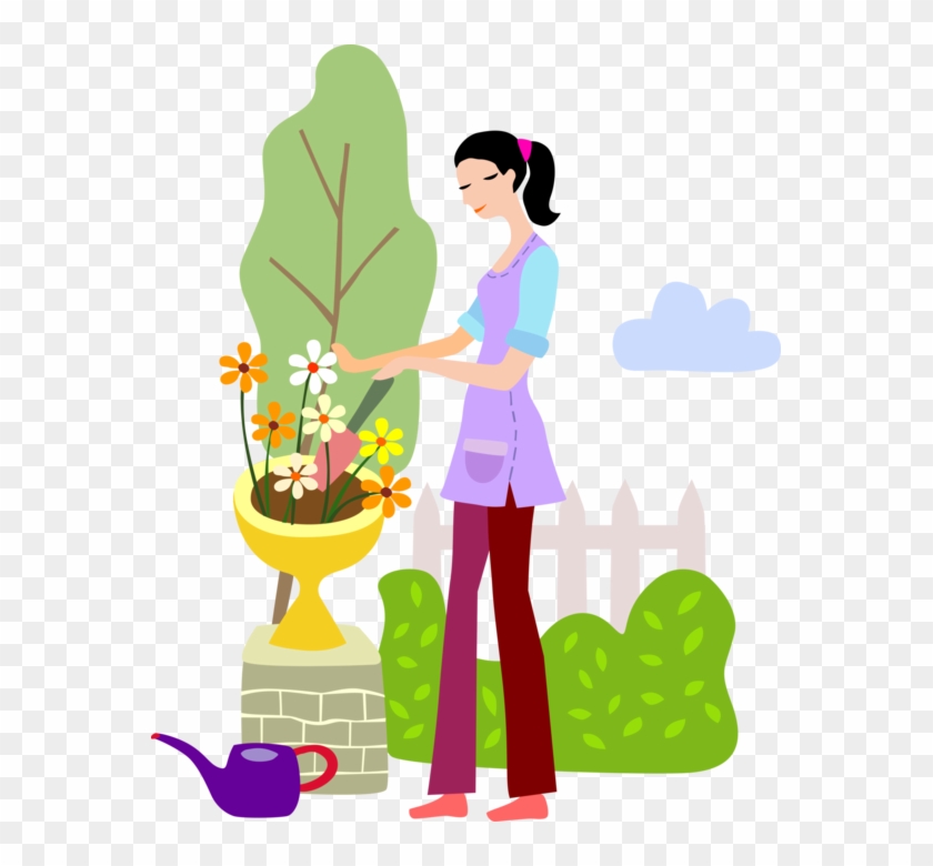 Vector Illustration Of Gardener Plants Flowers With - Cartoon Ladyplanting #1309304