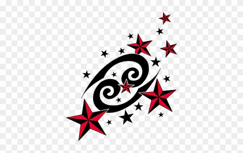 Red Nautical Stars And Cancer Zodiac Tattoo Design - Zodiac Sign Cancer Tattoo Designs #27047