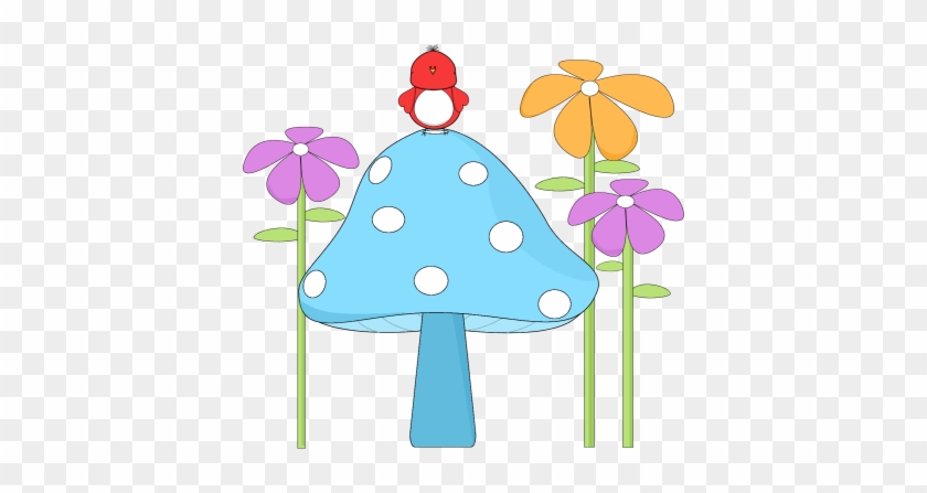 Mushroom With A Bird And Flowers - Birds And Flower Clipart #35428