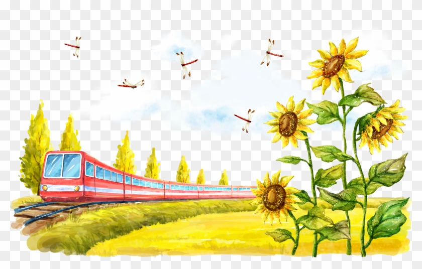Fukei Poster Cartoon Illustration - Common Sunflower #1312159