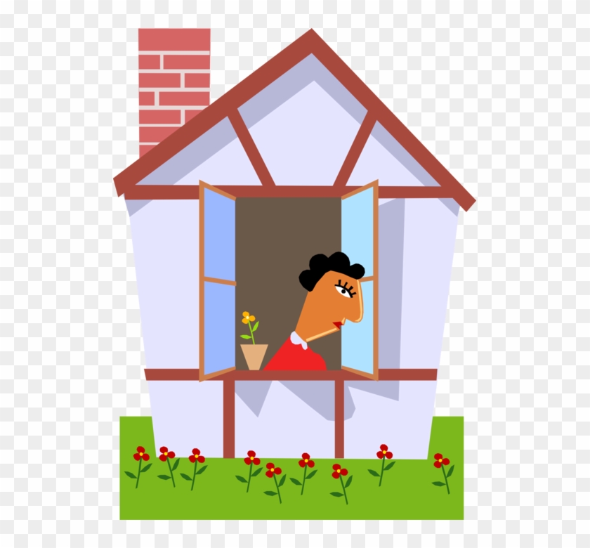 Vector Illustration Of Woman Looking Out The House - House #1316263