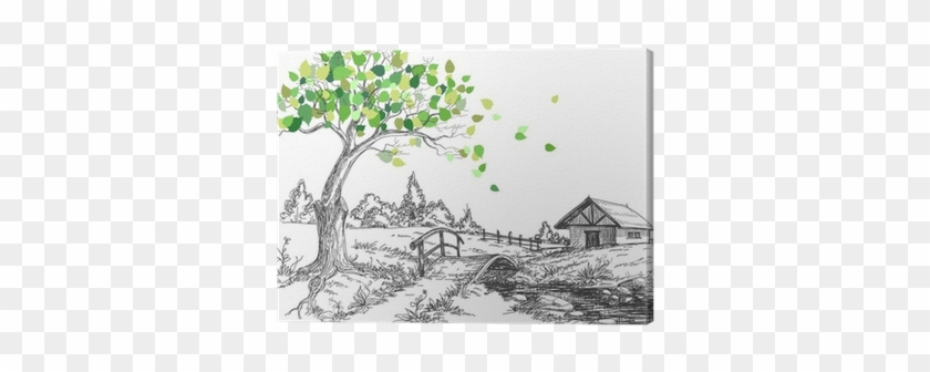 Green Leaves Spring Tree, Rural Landscape, Bridge Over - Rural Community Line Drawing #1321342