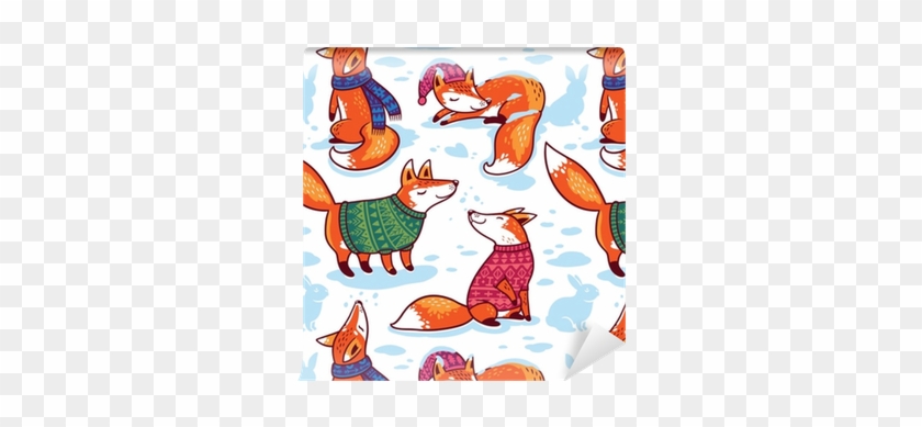Snowy Seamless Pattern With Cartoon Foxes In Cozy Sweaters - Drawing #1324456