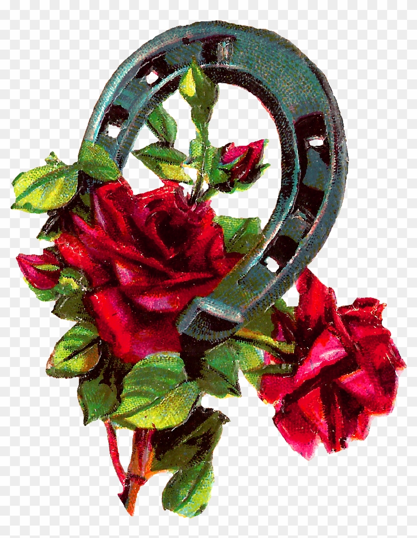 Good Luck Clipart Red Roses Horseshoe Digital Download - Clip Art #1325031