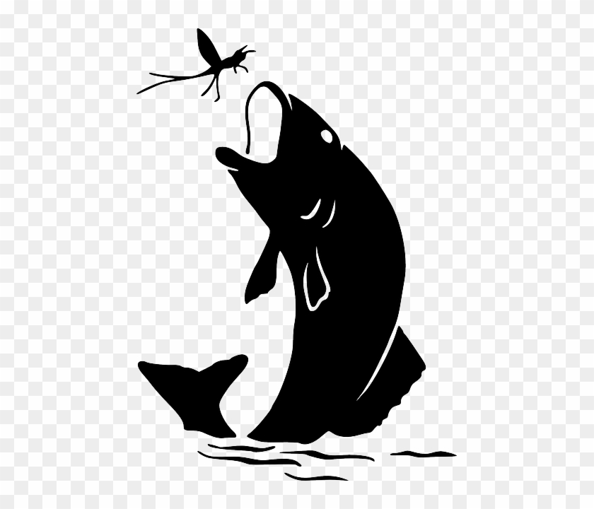 Black, Outline, Silhouette, White, Cartoon, Bass - Fly Fishing Clip Art Silhouette #1325310