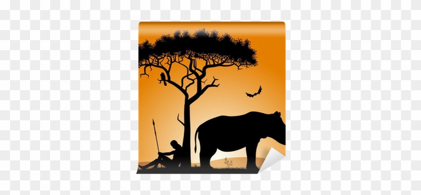 Silhouettes Of A Hunter, Trees, And Rhinoceros - Silhouette #1325577