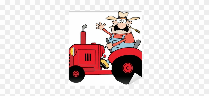 Happy Farmer In Red Tractor Waving A Greeting Wall - Cartoon Farmer #1328051