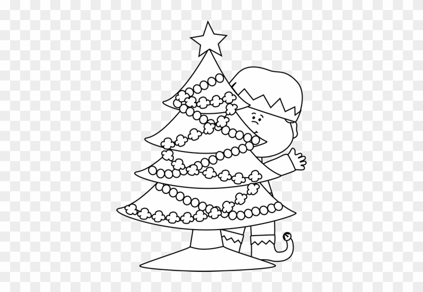 Black And White Elf Behind A Christmas Tree Clipart - Behind Clipart Black And White #1328443