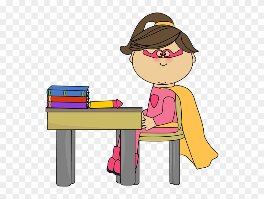 Girl Superhero At School Desk - Clip Art #1329444