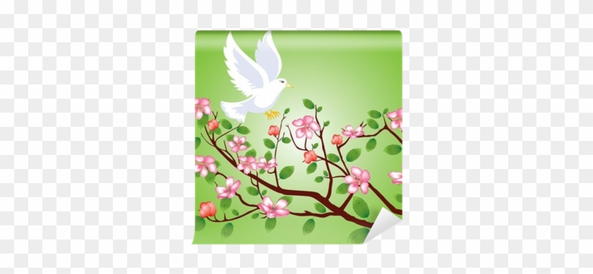 Pigeon Flying To A Flowering Cherry Branch Wall Mural - Cherry Blossom #1333058