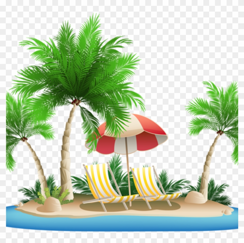 Island Clipart Beach Umbrella With Chairs And Palm - Palm Tree Beach Clipart #1333394