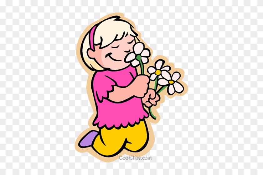 Girl Smelling Flowers Royalty Free Vector Clip Art - Smelling Flowers Clipart #1337341