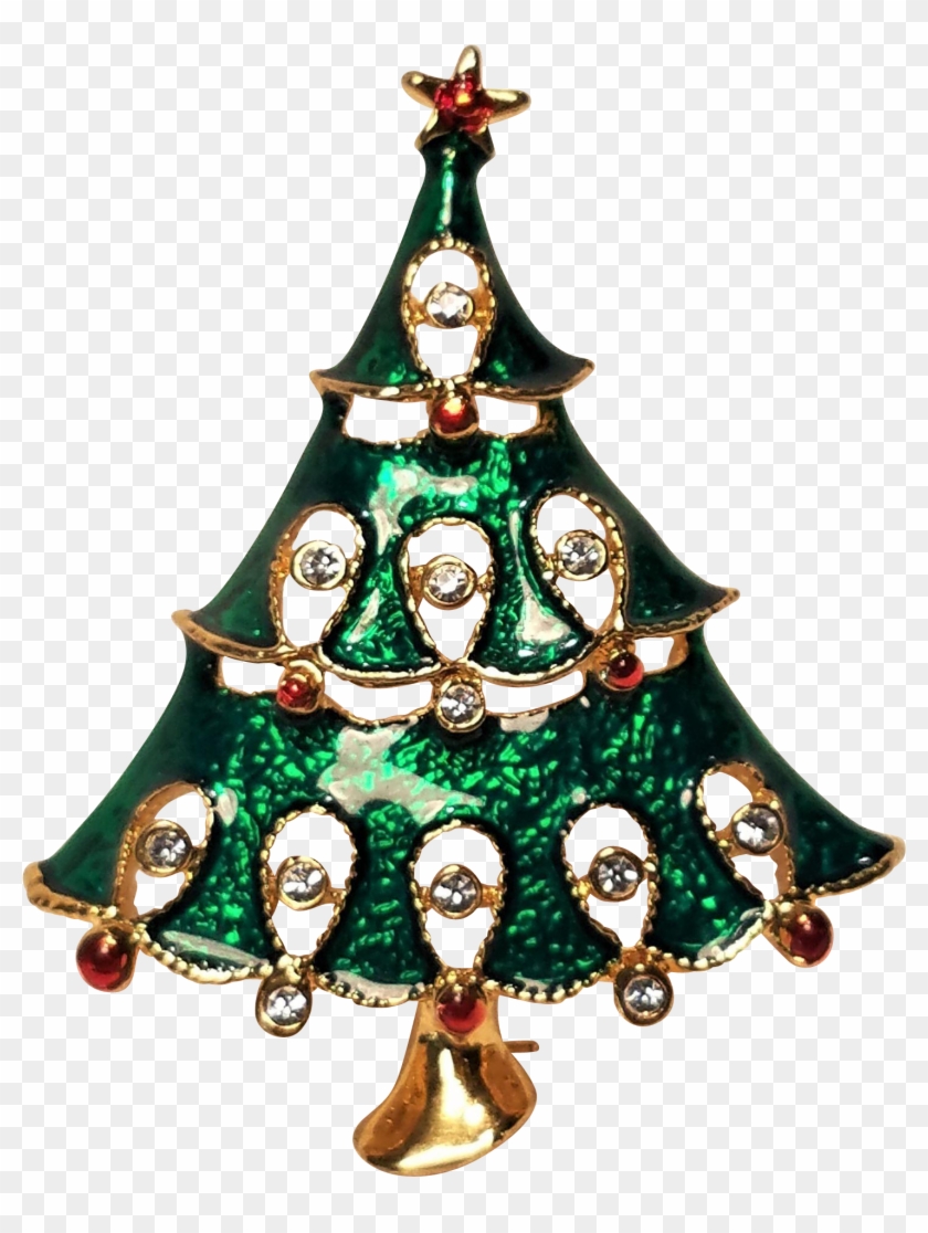 Vintage Christmas Green Enamel Tree Pin With Rhinestones - Christmas Ornament #1337948