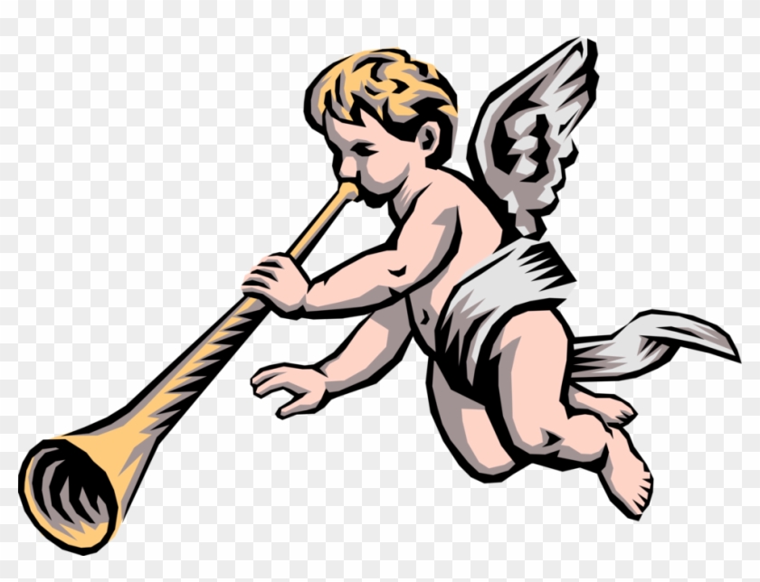 Vector Illustration Of Angelic Spiritual Cherub Angel - Baby Angel Blowing Trumpet #1339372