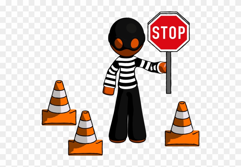 Orange Thief Man Holding Stop Sign By Traffic Cones - Stop #1342032