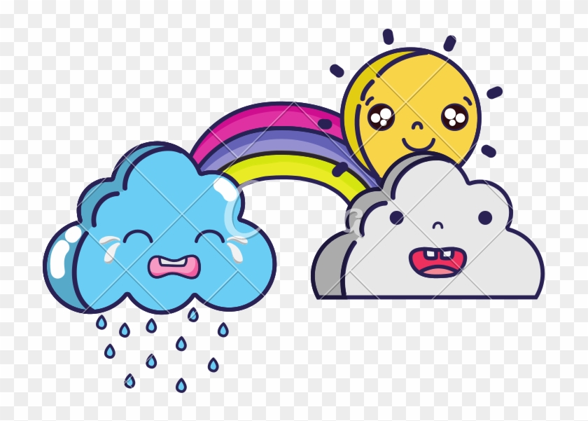 Cute Natural Weather Clouds With Sun And Rainbow Kawaii - Sun Rainbow Kawaii #1344825