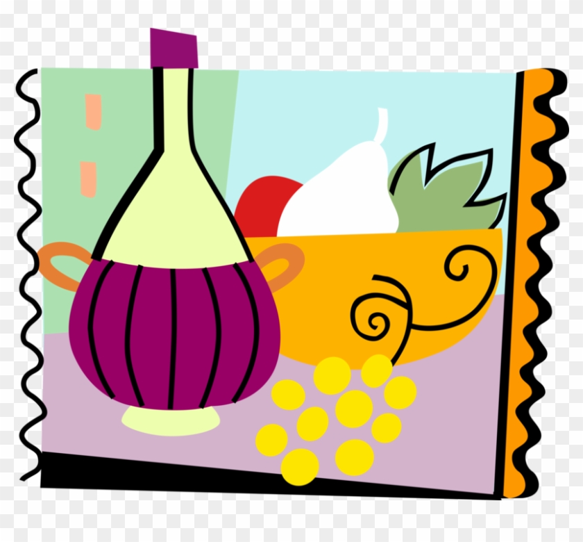Vector Illustration Of Bottle Of Wine And Fruit Bowl - Clip Art #1345174