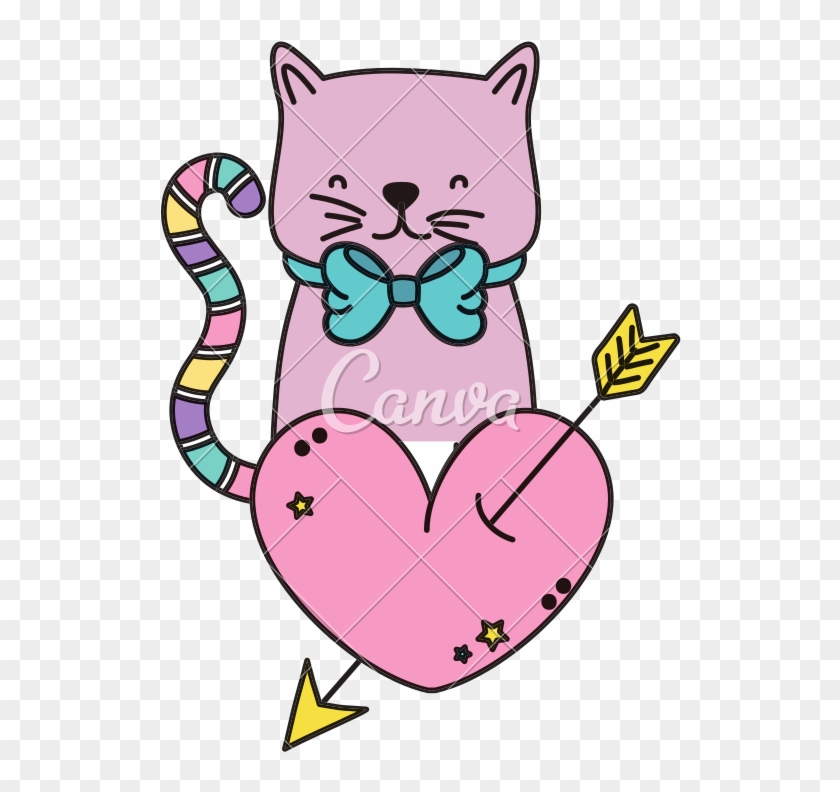 Color Cute Cat Animal With Heart And Arrow - Cat #1346085