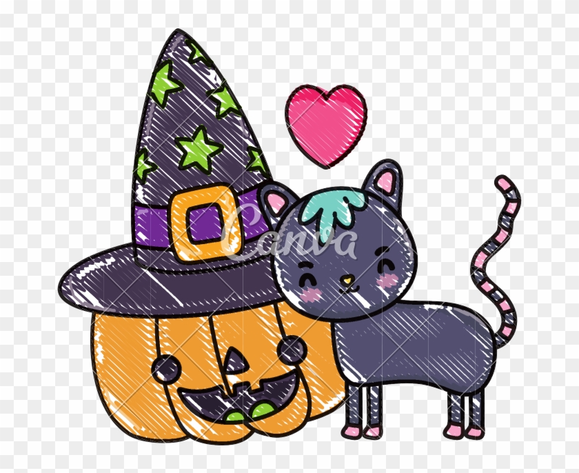 Grated Happy Pumpkin With Hat And Cute Cat - Cat #1346093
