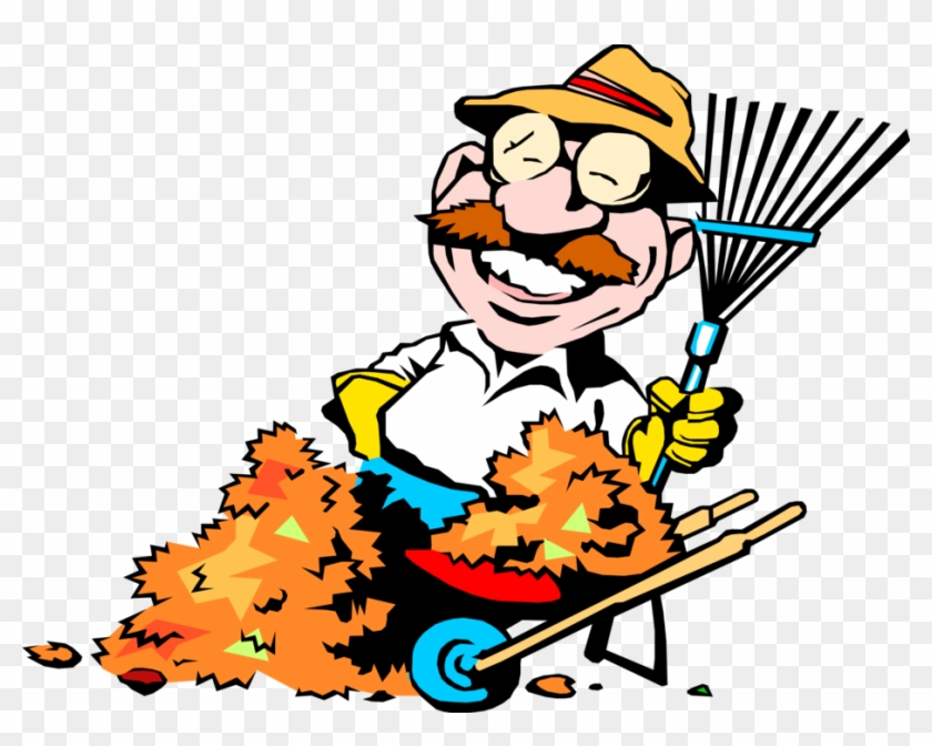 Cartoon Leaf Raker Royalty Free Vector Clip Art - Men Raking Leaves Clip Art #1346964