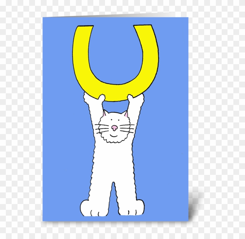 Good Luck Fluffy White Cat And Horseshoe Greeting Card - Weiße Katze Mit Pferdeschuh, Gutes Glück Postkarte #1348393